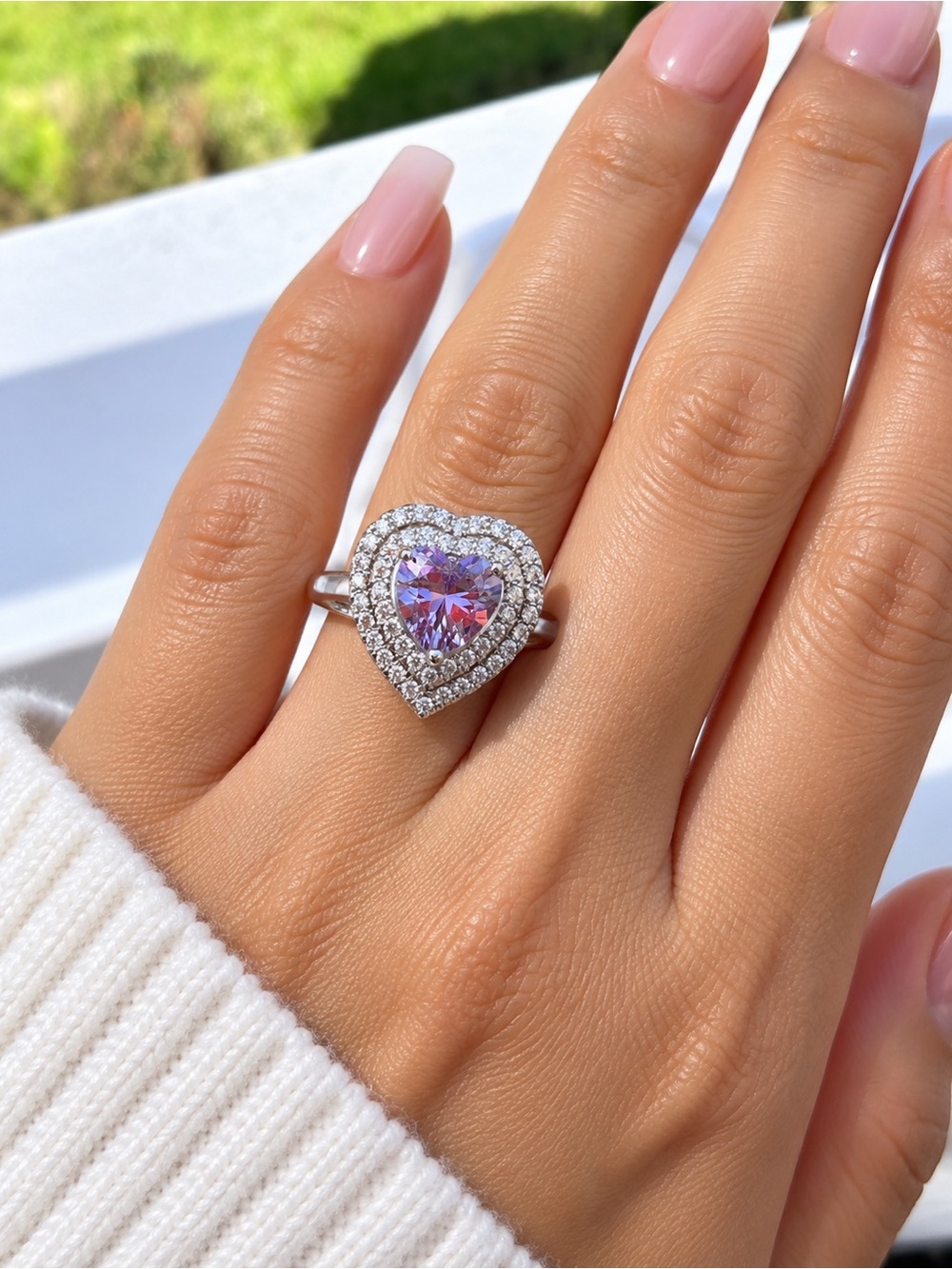 18K White Gold Filled Heart Halo Ring with Lab-Made Amethyst Center Stone